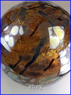Tim Lazer Art Glass Amber Colored Paperweight Dichroic Silver Leaves on Branches