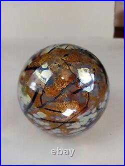 Tim Lazer Art Glass Amber Colored Paperweight Dichroic Silver Leaves on Branches