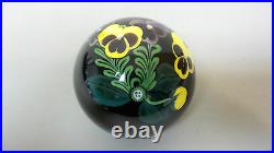 VINTAGE ORIENT & FLUME ART GLASS PAPERWEIGHT BLACK with PANSIES SIGNED, DATED 1984