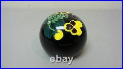 VINTAGE ORIENT & FLUME ART GLASS PAPERWEIGHT BLACK with PANSIES SIGNED, DATED 1984
