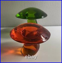 VTG Pair VIKING Glass Mushrooms Paperweights Persimmon And Green MCM Retro