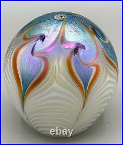 Vandermark Art Glass Iridescent Pulled Feather Paperweight Signed 3.5 High