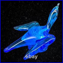 Vintage Art Glass Blue Swirly Bird Figurine Paperweight Stamped 4.25T 7W