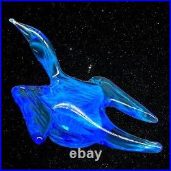 Vintage Art Glass Blue Swirly Bird Figurine Paperweight Stamped 4.25T 7W