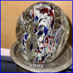 Vintage Art Glass PAPERWEIGHT Pen & Pencil Holder White & Blue bubble Design