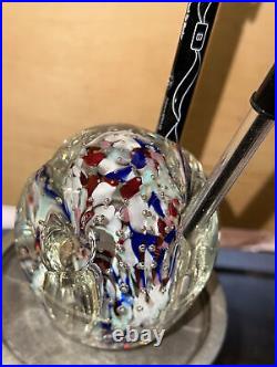 Vintage Art Glass PAPERWEIGHT Pen & Pencil Holder White & Blue bubble Design