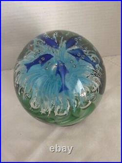 Vintage Art Glass Seascape with Dolphins, Fish, Bubbles Heavy Paperweight