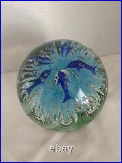 Vintage Art Glass Seascape with Dolphins, Fish, Bubbles Heavy Paperweight