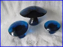 Vintage Blue Viking Art Glass Mushroom 3 Pc Set Rare Bluenique Paperweights