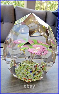 Vintage Bohemian Art Glass Faceted Marguerite Like Flowers & Fern Paperweight