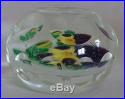 Vintage Glass Faceted Paperweight Pansies on a Spiral White Layer