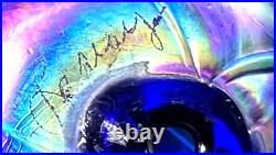 Vintage Large Hand Blown Orb Aurene Iridescent Art Glass on Stand Artist Signed