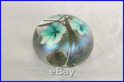 Vintage Lotton Signed Art Glass Green & White 1991 Iridized Floral Paperweight