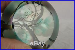 Vintage Lotton Signed Art Glass Green & White 1991 Iridized Floral Paperweight