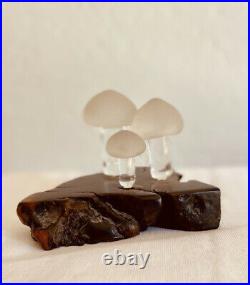 Vintage Midcentury Modern Art Glass Clear Mushroom Trio on Wood Sculpture