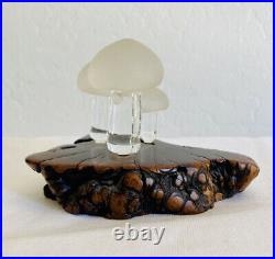 Vintage Midcentury Modern Art Glass Clear Mushroom Trio on Wood Sculpture