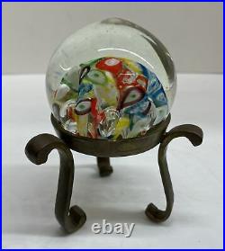 Vintage Millefiori Slices & Bubbles Art Glass Paperweight with Wrought Iron Stand
