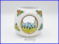 Vintage Murano Art Glass Millefiori Hand Painted Flowers White Cased Paperweight