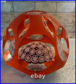 Vintage Murano Art Glass Red Satin Overlay Fancy Faceted Millefiori Paperweight