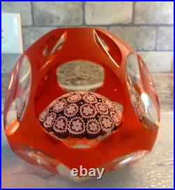 Vintage Murano Art Glass Red Satin Overlay Fancy Faceted Millefiori Paperweight