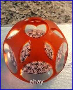 Vintage Murano Art Glass Red Satin Overlay Fancy Faceted Millefiori Paperweight