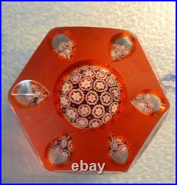 Vintage Murano Art Glass Red Satin Overlay Fancy Faceted Millefiori Paperweight