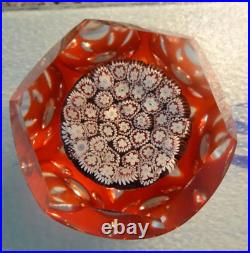 Vintage Murano Art Glass Red Satin Overlay Fancy Faceted Millefiori Paperweight