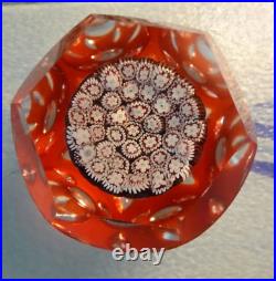 Vintage Murano Art Glass Red Satin Overlay Fancy Faceted Millefiori Paperweight