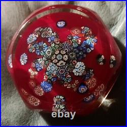 Vintage Murano Glass Millefiori Paperweight Red & Multicolor Clear Encapsulation