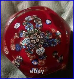 Vintage Murano Glass Millefiori Paperweight Red & Multicolor Clear Encapsulation