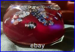 Vintage Murano Glass Millefiori Paperweight Red & Multicolor Clear Encapsulation