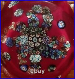 Vintage Murano Glass Millefiori Paperweight Red & Multicolor Clear Encapsulation