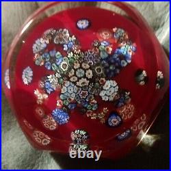 Vintage Murano Glass Millefiori Paperweight Red & Multicolor Clear Encapsulation