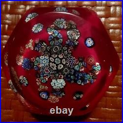 Vintage Murano Glass Millefiori Paperweight Red & Multicolor Clear Encapsulation