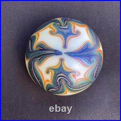 Vintage ORIENT & FLUME Signed Art Glass Paperweight 1975 White Iridescent Colors