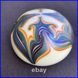 Vintage ORIENT & FLUME Signed Art Glass Paperweight 1975 White Iridescent Colors