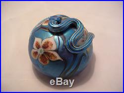 Vintage Orient & Flume Art Glass Paperweight Blue Aurene Snake Flowers Box ETC