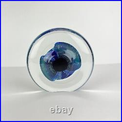 Vintage Robert Eickholt Paperweight Art Glass Abstract Blue Iridescent Disk 6in