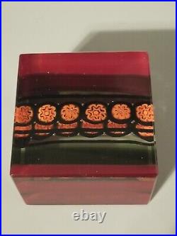 Vintage Sal Murano Square Clear Glass Paperweight Orange Milliflouri Black Red