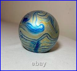 Vintage hand blown aurene iridescent sphere shaped studio art glass paperweight