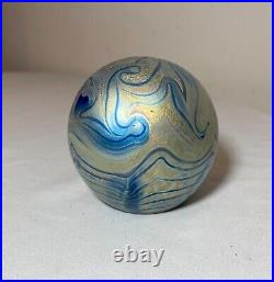 Vintage hand blown aurene iridescent sphere shaped studio art glass paperweight