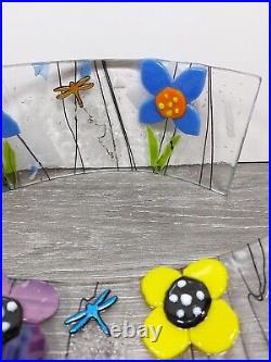 Vtg Curved Art Glass Shelf/Window Still Hand Blown Flowers Dragonfly Ladybug
