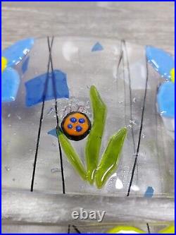Vtg Curved Art Glass Shelf/Window Still Hand Blown Flowers Dragonfly Ladybug