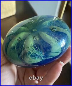 Vtg Seaview Art Glass Paperweight Fred Cresswell Signed Blue Green Bubbles
