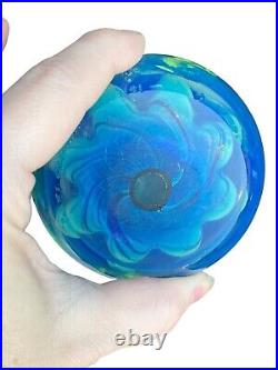 Vtg Seaview Art Glass Paperweight Fred Cresswell Signed Blue Green Bubbles