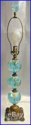Vtg St. Clair Blue Trumpet Flower Paperweight Art Glass Table Lamp withFinial