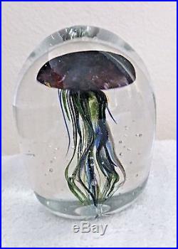 WV American Art Glass Hand Blown Green, Purple, Yellow Jellyfish Paperweight