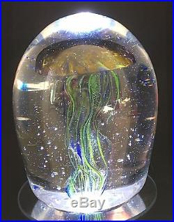 WV American Art Glass Hand Blown Green, Purple, Yellow Jellyfish Paperweight